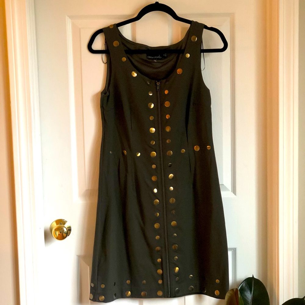 Olive Green Sleeveless Shift Dress with Gold Details Medium